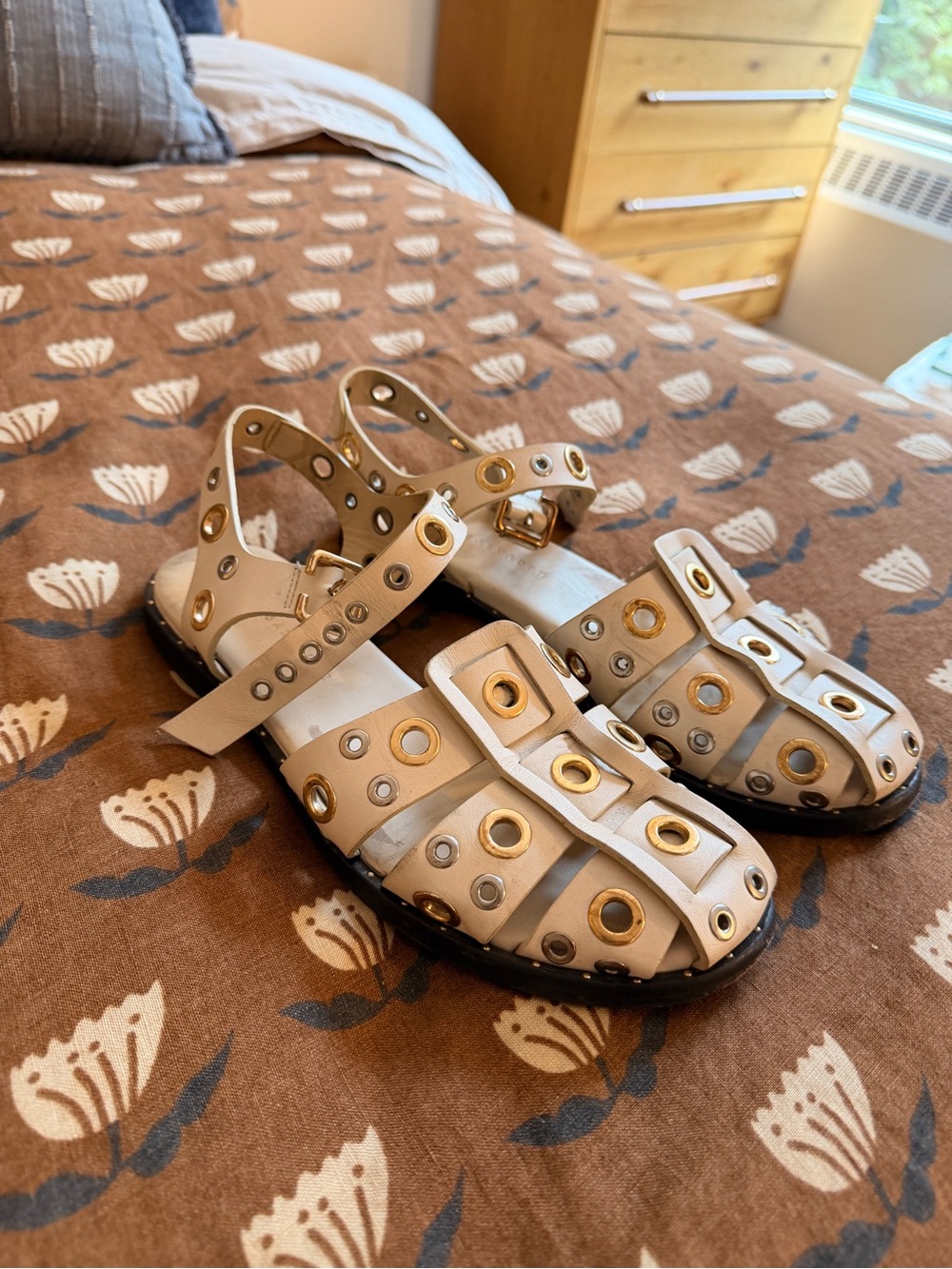Freda Salvador White Fisherman Sandals with Gold & Silver Eyelets